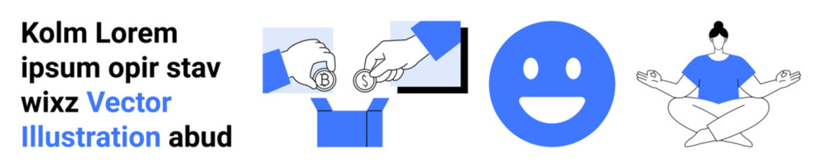 Fototapeta premium Digital communication, online transactions, mindfulness, emotional well-being, self-expression, wellness. various conceptual symbols thumbs up messaging, cash transfer, meditation and a smile