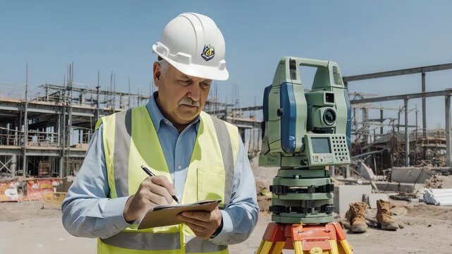 Surveyor uses total station equipment on construction site.