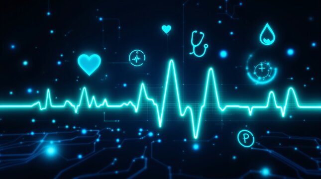Medical Technology Background with Heartbeat Line and Icons
