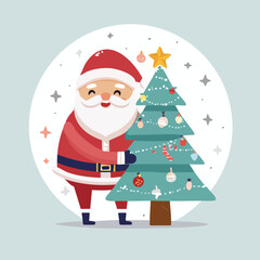 Firefly Cute flat vector Santa Claus hugging a sparkling Christmas tree, simple shapes, bold colors,.eps