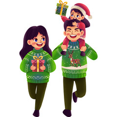 illustration of a cute family celebrating Christmas