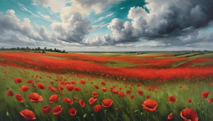Vast field of vibrant red poppies stretching under a dramatic cloudy sky
