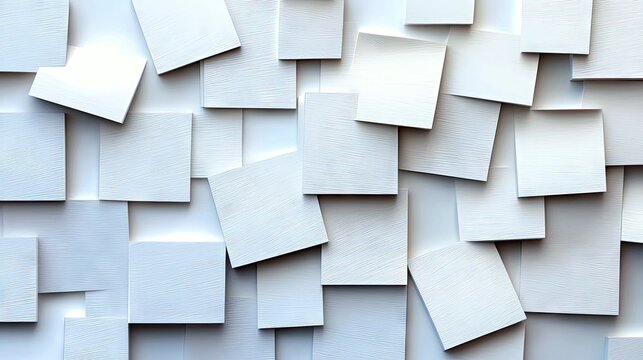 Abstract pattern of white square tiles arranged on a wall, creating a modern and textured background design. - Powered by Adobe