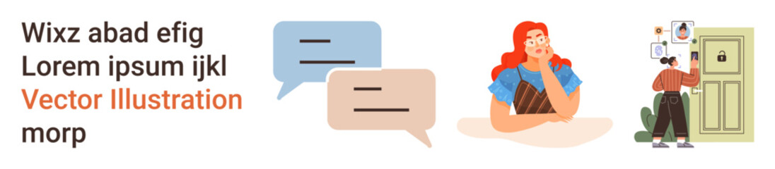 Digital security, personal communication, identity verification, social apps, secure messaging, concepts. Woman with speech bubbles, individual holding documents by a secure door. Online security