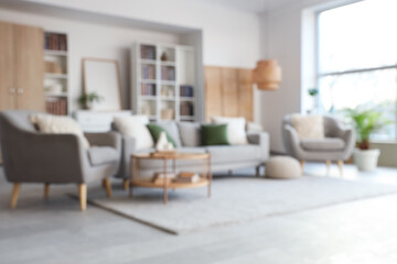 Interior of modern living room with bookcases, sofa, armchair and coffee table. Blurred view