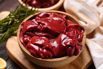 Bowl of raw liver, closeup