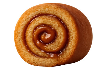 Cinnamon roll showing delicious spiral pattern, baked fresh with caramel icing, a perfect sweet treat or breakfast pastry