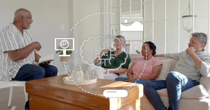 Moderator taking notes and gesturing during tech talk, animated cloud AI icons overlaying group