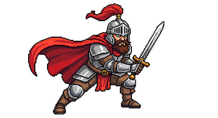 Pixel Art Knight with Sword and Red Cape, Ready for Battle in a Fantasy Medieval Setting