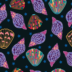 seamless pattern with conch and cockles on dark abyss background of sea with stars. Conch and cockles with start elements placed on black background seamless pattern. Good for fabric, textile.