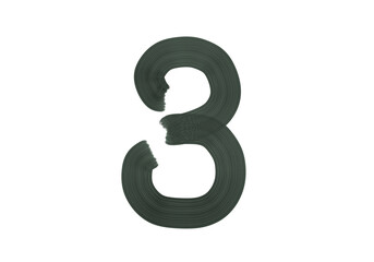 Naklejka premium Number Three, 3 made with Plaster Rake Brush on transparent background, Black color, Dark-green color, Abstract isolated background, Illustration, Typography, Education, Handmade, Set 0-100