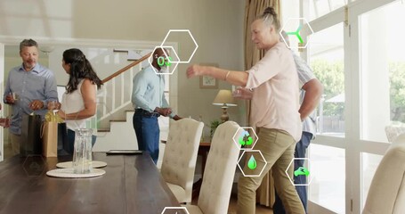 Six adults entering sparking opening gift and pouring for get-together home tech hex icons shifting - Powered by Adobe