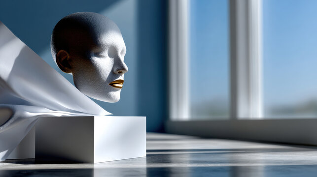 A sleek painted head sculpture with elegant golden accents creates a powerful visual, showcasing artistic beauty and modern style in a well-lit indoor setting.