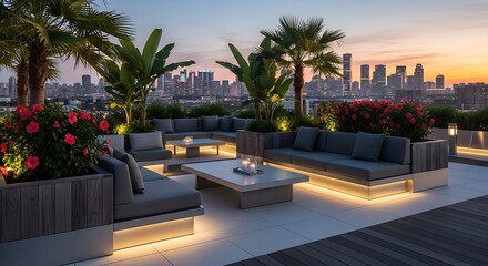 Obraz premium Rooftop Oasis - Luxurious Outdoor Lounge with City Skyline View at Sunset.