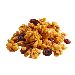 Delicious breakfast granola with dried cranberries and nuts close up view isolated on transprint background