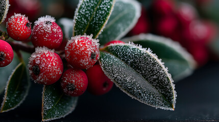 Close up of frozen red berries and leaves covered in frost in winter time