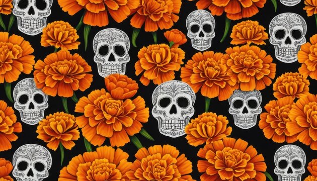 Vibrant Orange Marigold Flowers and Sugar Skulls on Dark Background Pattern - Powered by Adobe