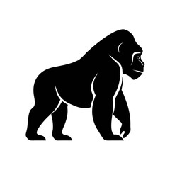 Silhouette of a powerful gorilla walking, depicted in black with subtle white highlights, against a plain white background.