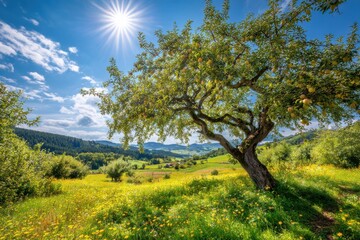 Charming rural landscape with vibrant blue sky, fluffy clouds, fruit-laden tree, lush green grass, yellow flowers, rolling hills, and serene forest, radiating warmth and tranquility