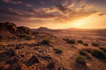 Fototapeta premium Stunning desert sunset landscape with vibrant orange and purple clouds, showcasing unique rock formations and sparse greenery against distant hills and mountains for tranquil ambiance