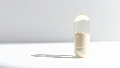 Single medical capsule showing future of pharmaceutical drug discovery. Hopeful science and healthcare technology with ai creating new pill for modern treatment