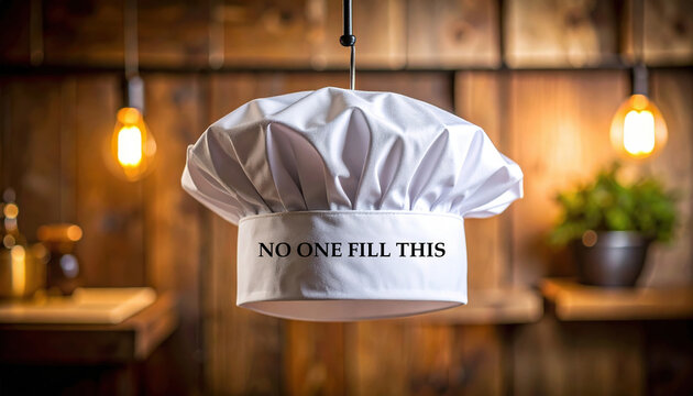 Hanging chef hat symbolizes hospitality crisis. current labor market faces significant shortages leaving many vacant positions in restaurant industry