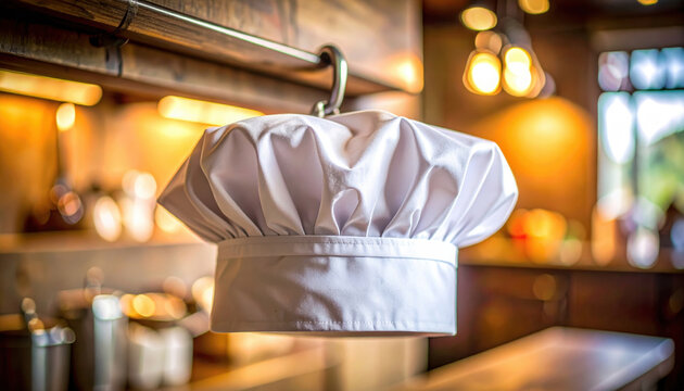 Chef hat hanging in professional restaurant kitchen representing culinary job crisis due to labor market shortages. symbol of vacant position in food industry