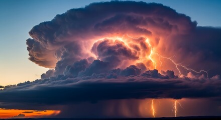 Dramatic Thunderstorm with Lightning Strikes Over Water at Sunset.