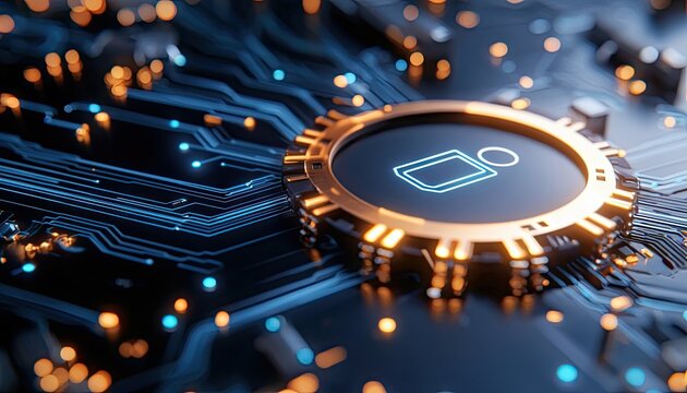 Close-up of a circuit board with a user icon, illuminated with glowing lights, representing digital technology and connection.