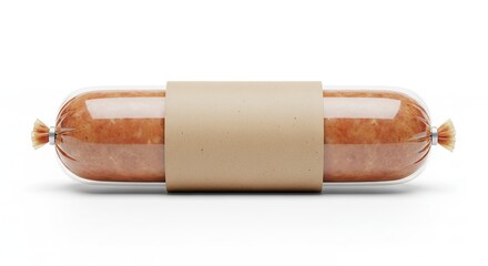 Close up of packaged sausage with label on a white background