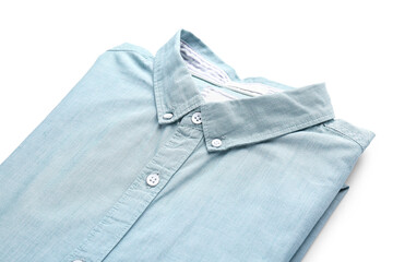 Stylish folded green collar shirt on white background, closeup