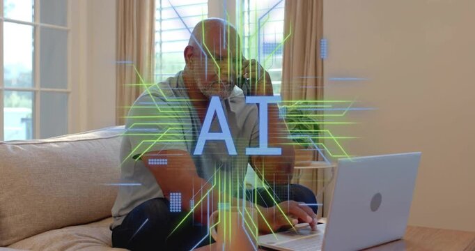 Senior man on call using laptop, causing AI overlays pulsing covering fading as tech task finishing