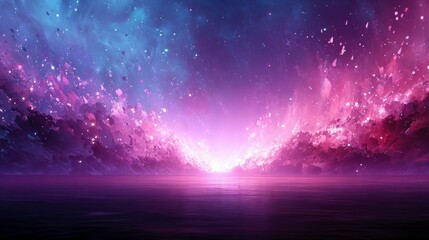 A vibrant and surreal digital artwork depicting a cosmic nebula explosion over a reflective water surface, with glowing light and a dreamy atmosphere.