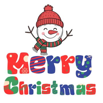 cute snowman and merry christmas greeting