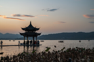 Sunset View of Jixian Pavilion on West Lake in Hangzhou