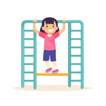 Happy little girl hanging on monkey bars at playground.