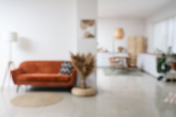 Interior of stylish studio apartment with living room and kitchen, blurred view