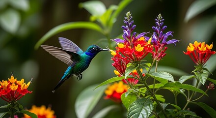 Fototapeta premium Hummingbird in flight feeding on vibrant red and purple flowers.