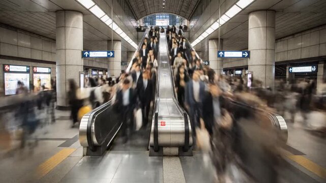 Motion blur of commuters on escalators in a subway station, conveying busy urban life