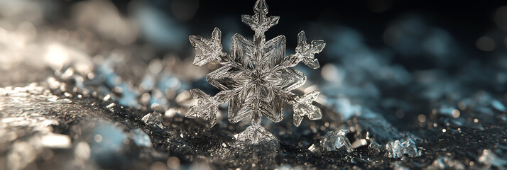 A macro shot of a single snowflake on a surface covered with ice crystals