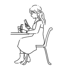 カフェでスマホを見る女性　線画3
