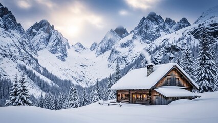 Fototapeta premium Cozy Wooden Cabin in Snowy Mountain Landscape, Winter Retreat and Rustic Wilderness Scene for Travel, Holiday, Adventure, and Nature Lifestyle Projects