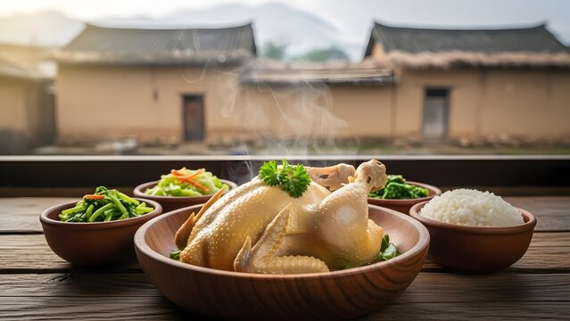 Culinary Tradition: A captivating display of a cooked chicken and side dishes on a wooden table, with classic ancient buildings and a natural backdrop in a serene light, evoking warmth and richness.