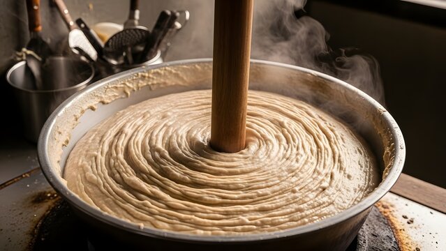 Steaming Delight: A close-up shot of a pot of steaming, freshly made, traditional food. A culinary journey into the heart of authentic cooking and culture