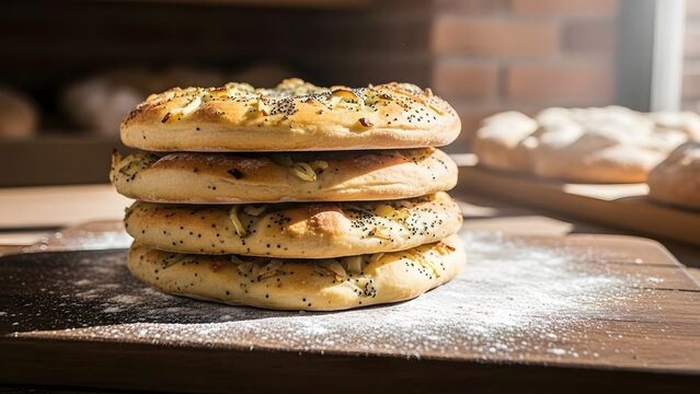 Stacked Baked Delights: A close-up shot of a stack of freshly baked, golden-brown bread on a rustic wooden surface, with a touch of flour adding a charming, artisanal touch.