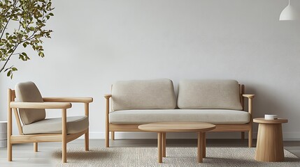 Minimalist living room with wooden furniture and sofa Photo