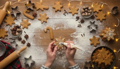 Hands decorating a gingerbread snowflake cookie on a wooden table with other festive cookies, baking tools, and Christmas lights.