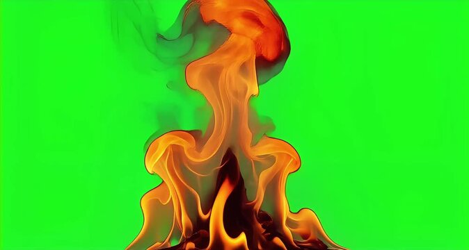 a fire with orange flames on it and isolated on green screen or chroma key background