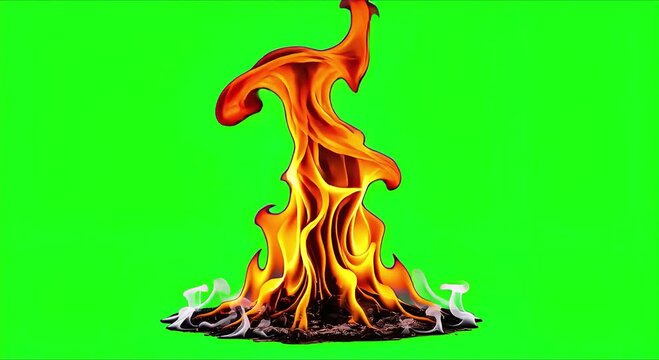 a fire with orange flames on it and isolated on green screen or chroma key background
