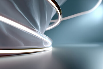 A futuristic design featuring intertwining shapes illuminated by warm light, offering a visual representation of beauty and innovation in an abstract artistic approach.